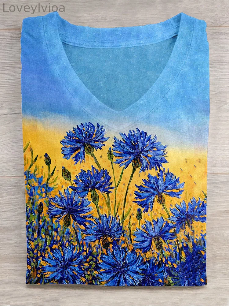 Unisex Floral Art Print Casual V-Neck Short Sleeve T-Shirt
