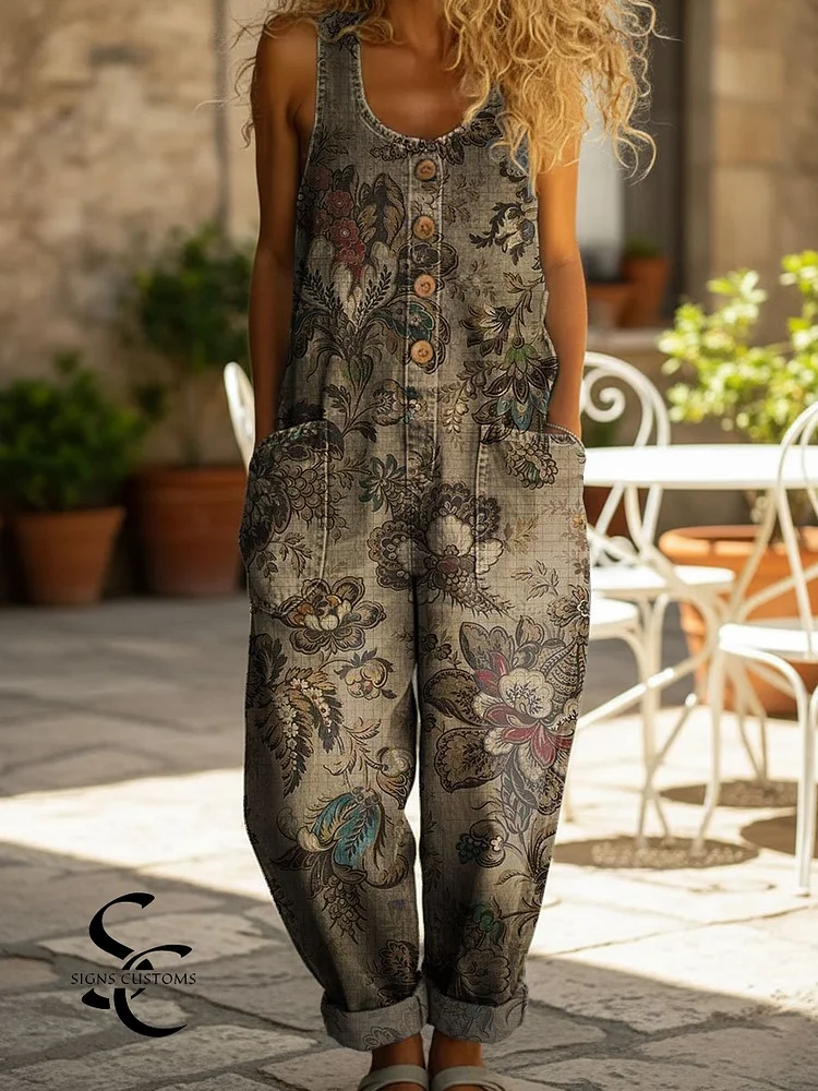 Women's Vintage Flower Print Casual Denim Jumpsuit
