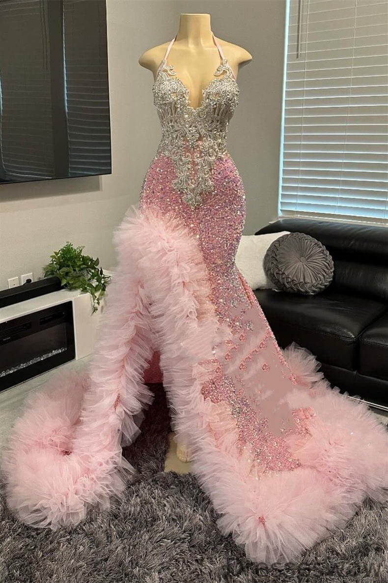 Dresseswow Pink Halter Sleeveless Mermaid Evening Gowns Split Sequins With Beadings Tulle