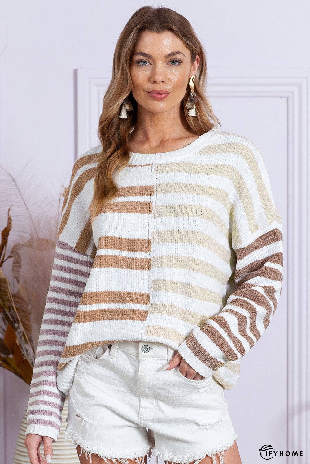 Color Block Drop Shoulder Pullover Striped Sweater | IFYHOME