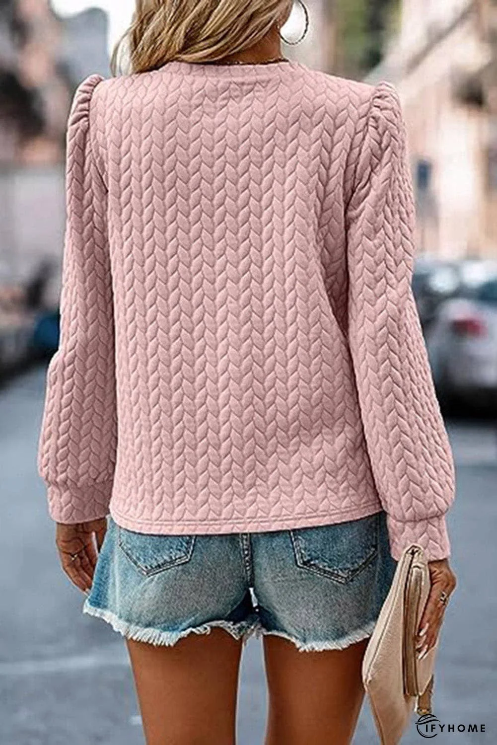 Rosy Waffle Quilted Puff Sleeve Sweatshirt | IFYHOME