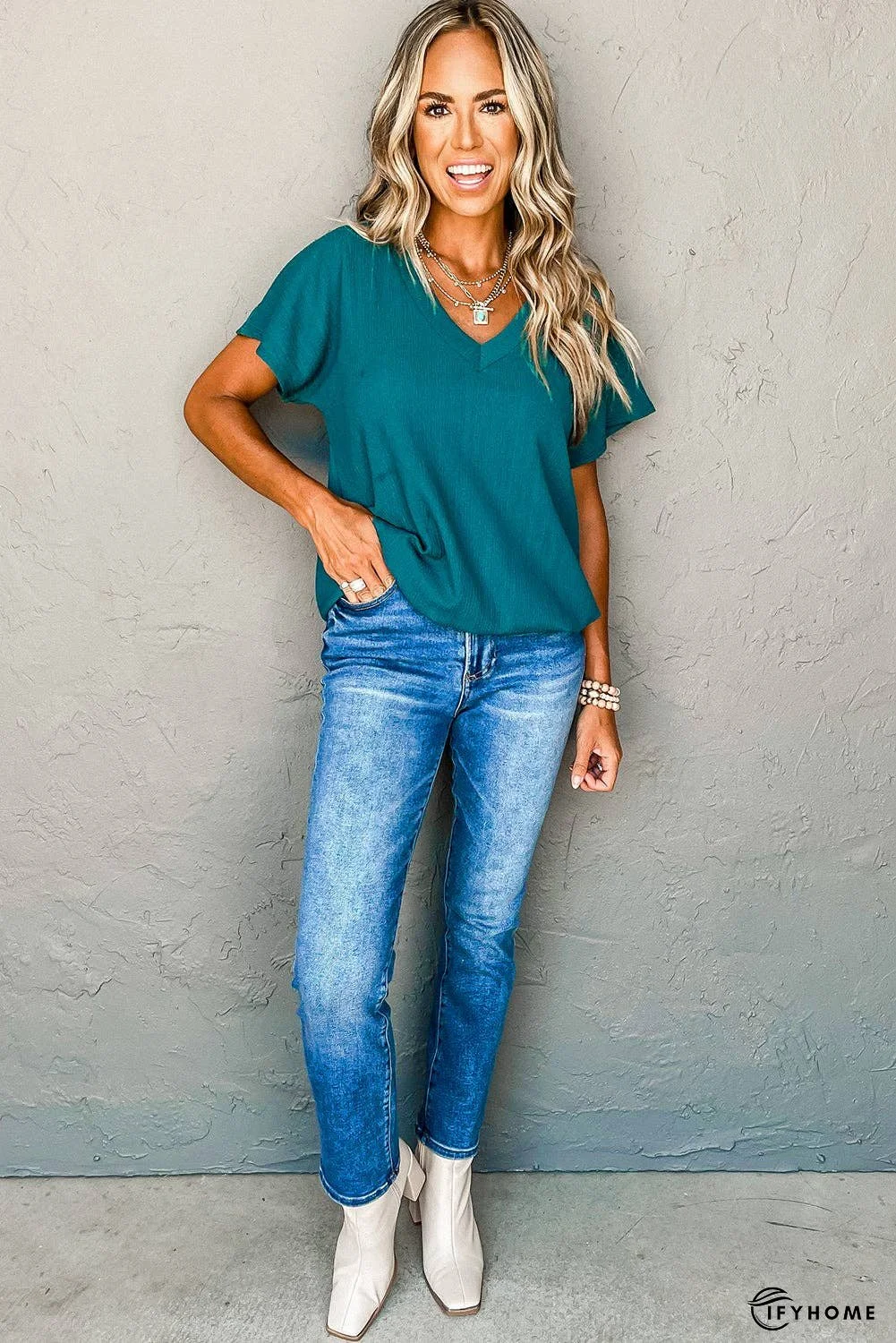 Bright Pink Basic Plain Textured V Neck Blouse | IFYHOME