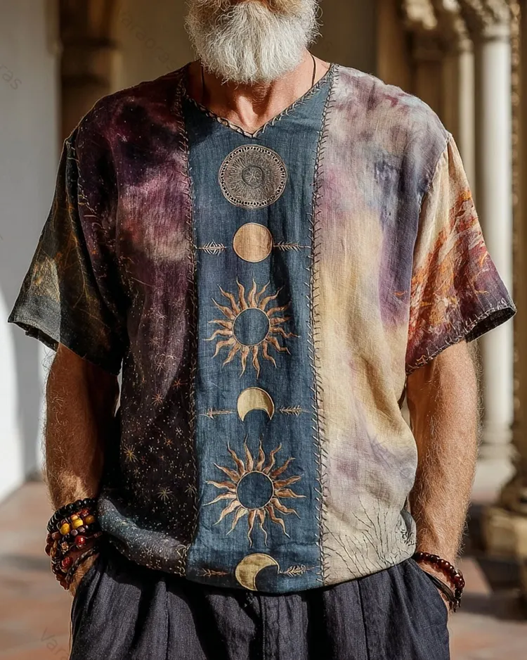 Men's Summer Fashion Star and Moon Embroidery Color blocking Linen T-Shirt 5776