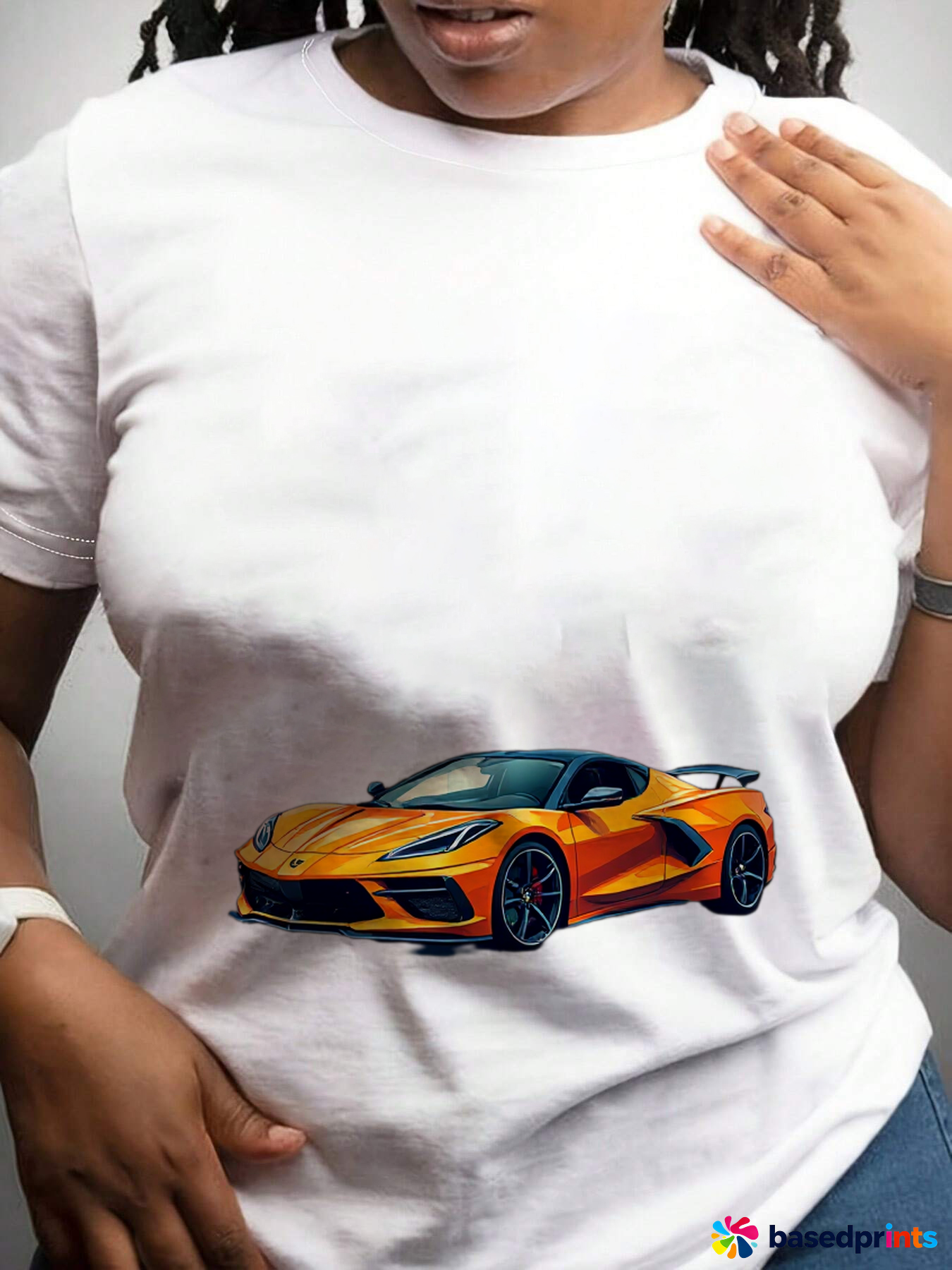 Orange Sports Car T-Shirt Cotton Casual Short Sleeve