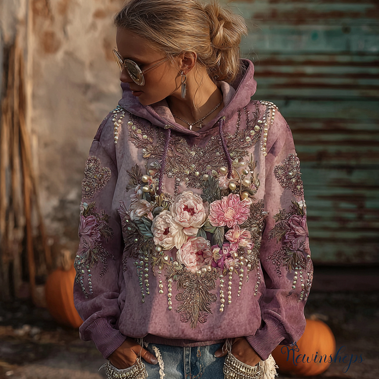 Bohemian Style Plant And Flower Embroidery Pattern Women's Hooded Sweatshirt