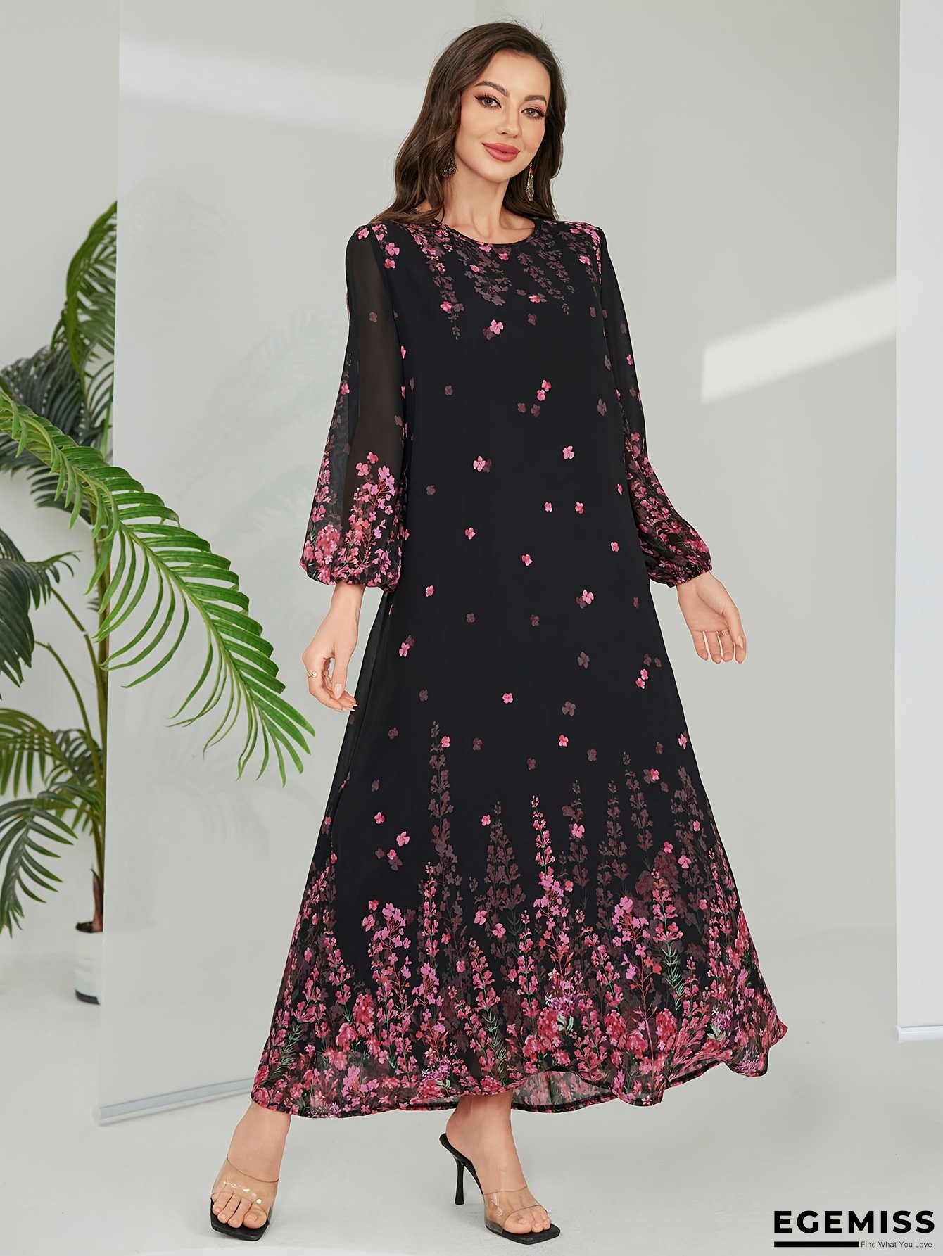 Plus Size, Women's Plus Size Elegant Floral Print Maxi Dress - Flowy A-Line Formal & Casual Dress In Black With Pink Floral Pattern, Machine Washable For Parties, Office, Casual Attire - All-Season Women's Clothing | EGEMISS