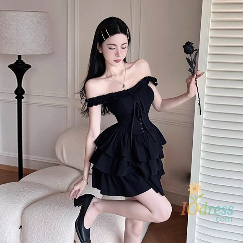 IO Dress Women Spicy Girl Off Shoulder Party Black Suspender Fluffy Fringed Mini Dress