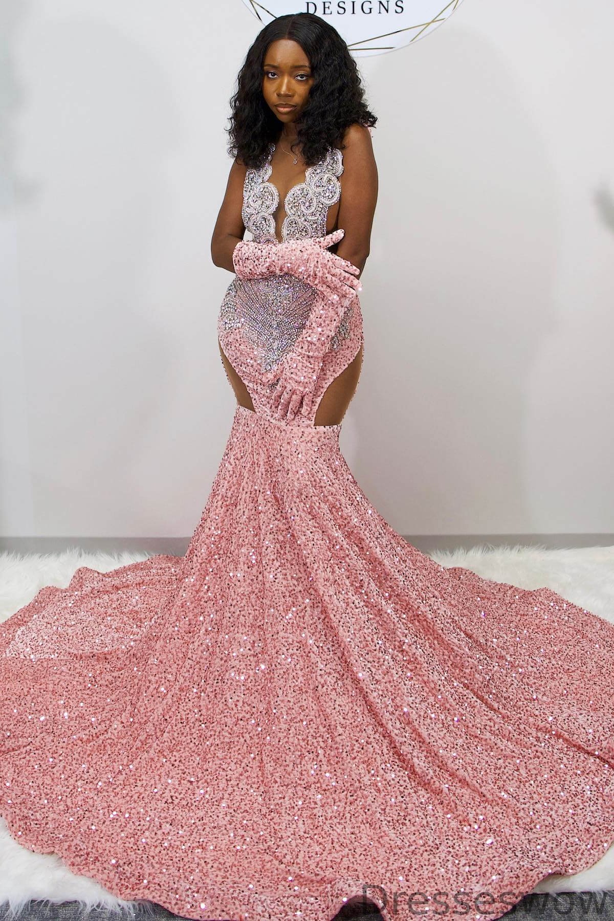 Dresseswow Pink Sleeveless Mermaid Ball Dress With Sequins Beadings Online