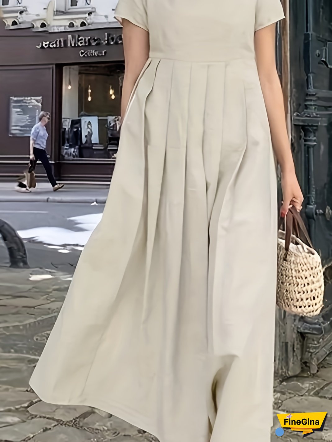 Women's Elegant Beige Square Neck Maxi Dress With Pleated Detail - Short Sleeve, High Waist, Flowing Design For Spring/Summer/Fall, Casual To Formal Wear, Casual Attire | Elegant Maxi Dress | Pleated Detailing, Maxi Dress