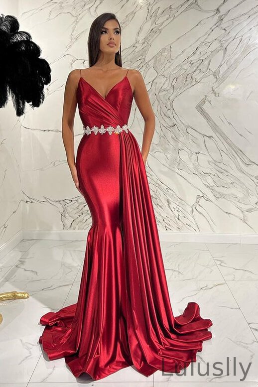 Luluslly Burgundy Spaghetti-Straps V-Neck Mermaid Evening Dress Sleeveless With Ruffles