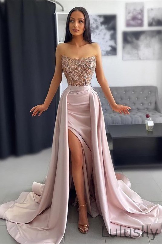 Luluslly Strapless Mermaid Slit Evening Dress Ruffles With Appliques