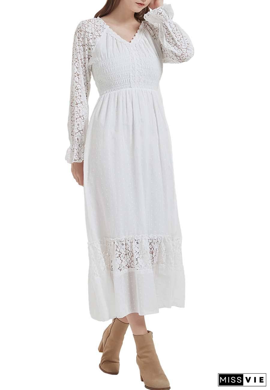 Womens Lace Long Sleeve V Neck Fall Maxi Dress