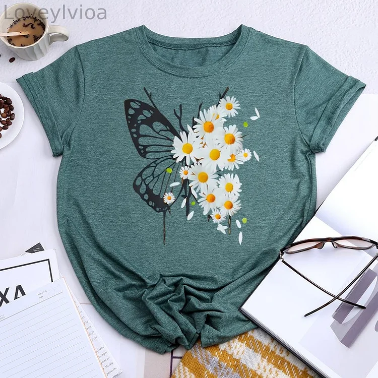 butterfly daisy Round Neck T-shirt-0023653