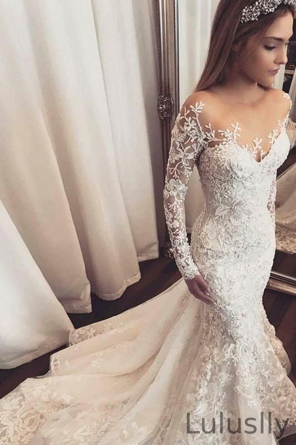 Luluslly Modern Long Sleeve Sweetheart Mermaid Wedding Dress Tulle Ruffles Lace Appliques