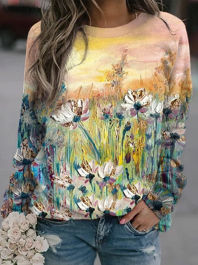 Women's Sweatshirt Pullover Basic Yellow Floral Casual Round Neck Long Sleeve