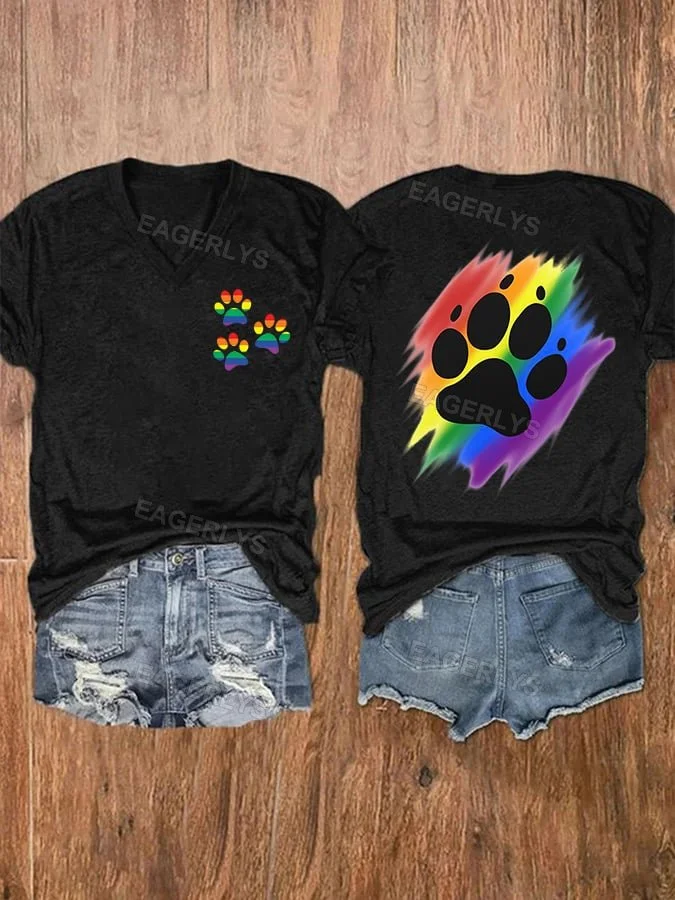 Eagerlys V-neck LGBT Dog Paws Rainbow Pride Print T-Shirt Eagerlys