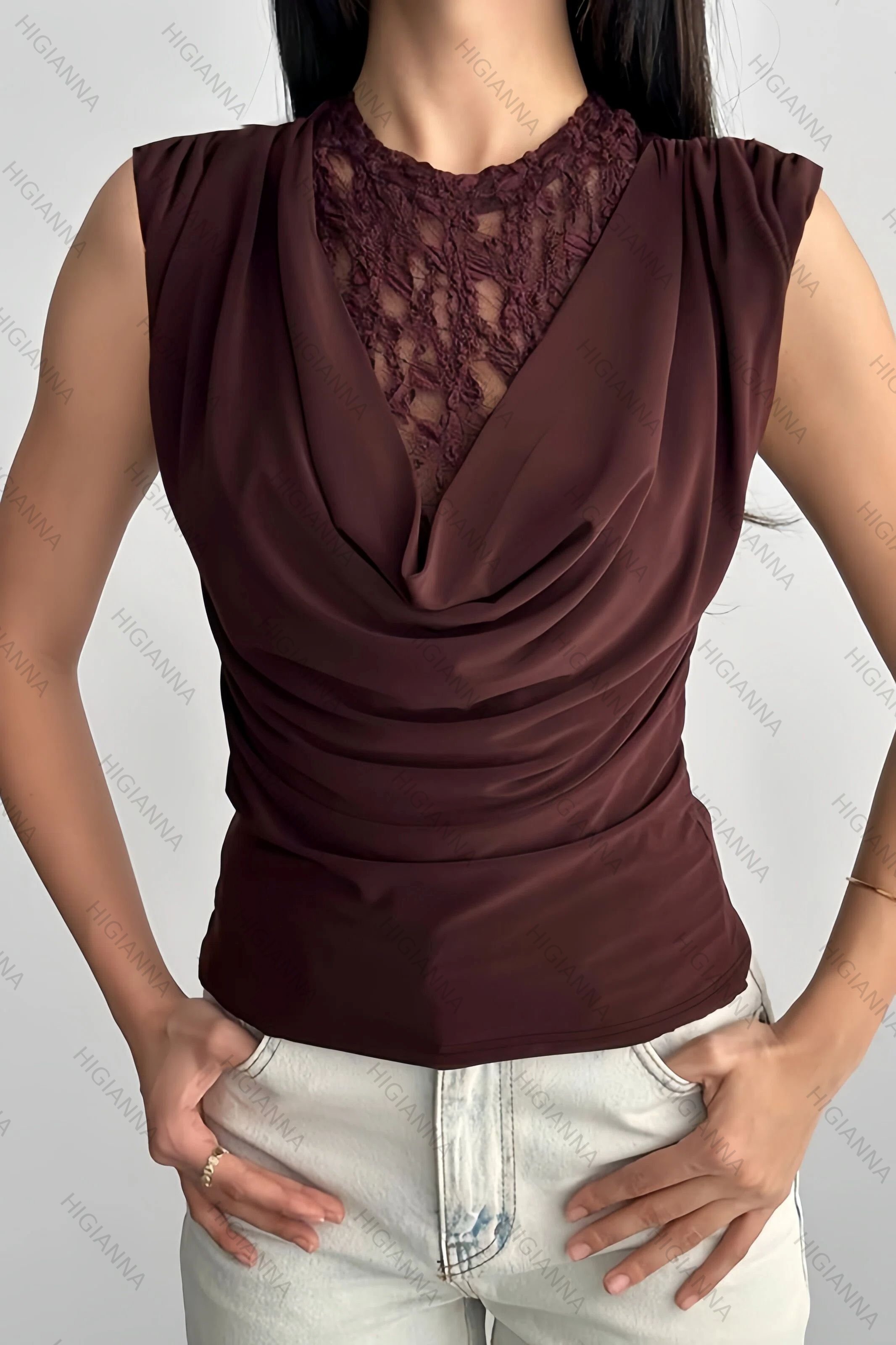 Lace Insert Draped Cowl Neck Sleeveless Top - HIGIANNA&reg;