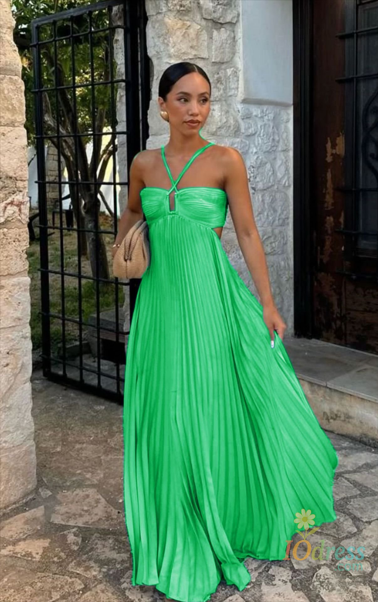 IO Dress 2025 High Waist Pleats Robe Dress Casual Sleeveless Solid Color Holiday Dress Summer Sexy Halter Hollow Off Shoulder Party Dress