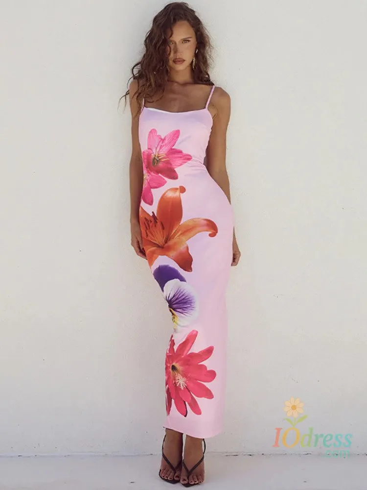 IO Dress Mozision Floreal Print Long Dress For Women Gown Summer New Spaghetti Strap Sleeveless Backless Bodycon Sexy Midi Dress Elegant IO Dress