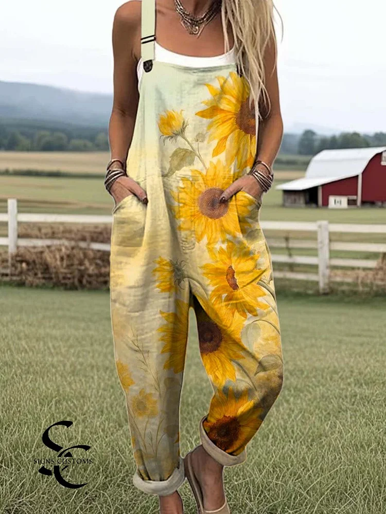 Women's Lovely Sunflower Art Print Casual 100% Cotton Wide Leg Jumpsuit