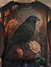 Vintage Crow Print Casual Sweatshirt