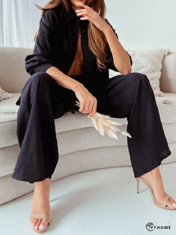 Solid Color Split-Joint High-Low Long Sleeves Buttoned Lapel Blouses Top + Drawstring Elasticity Pleated Pants Bottom Two Pieces Set | IFYHOME