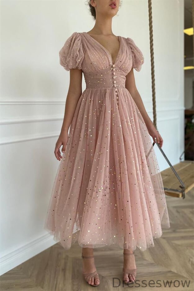 Dresseswow Dusty Pink Short Sleeves Prom Dress Tulle V-Neck With Sequins Button