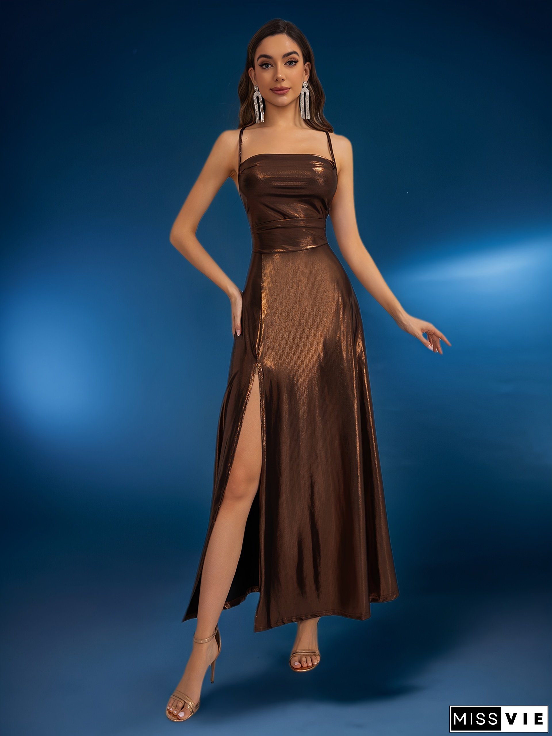 Elegant Women's Golden Gown - Sleeveless A-Line Dress with Slit, V-Neck, Perfect for Formal Events, Formal Event Attire|Elegant Gown| Flowing Silhouette, Elegant Evening Gown