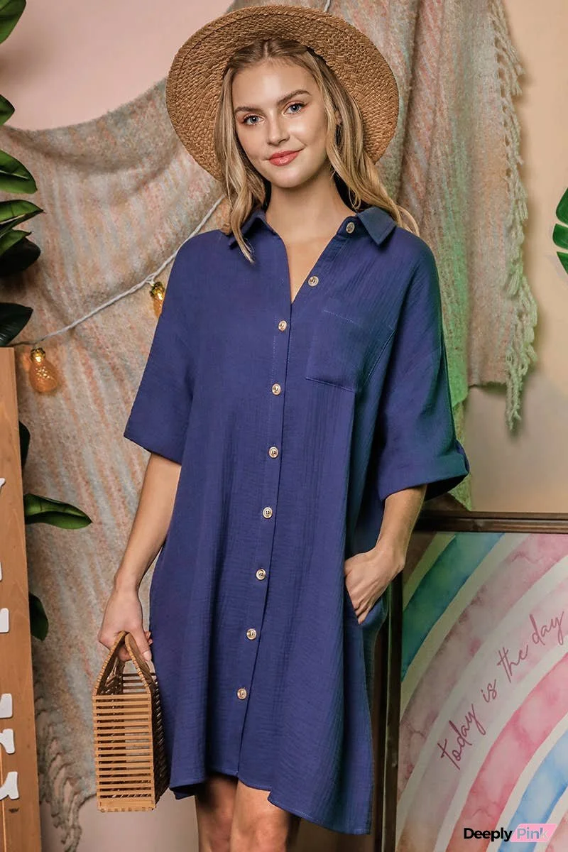 Short Sleeve Button Down Mini Shirts Dress