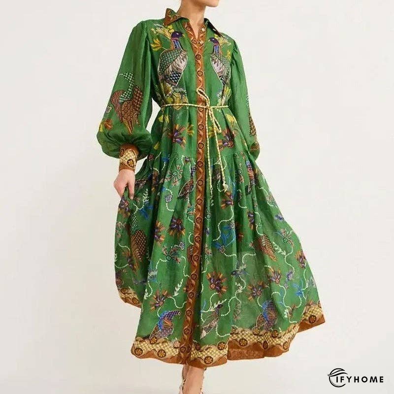 Lantern Sleeve Printed Cinched Waist Long Sleeve Dress | IFYHOME