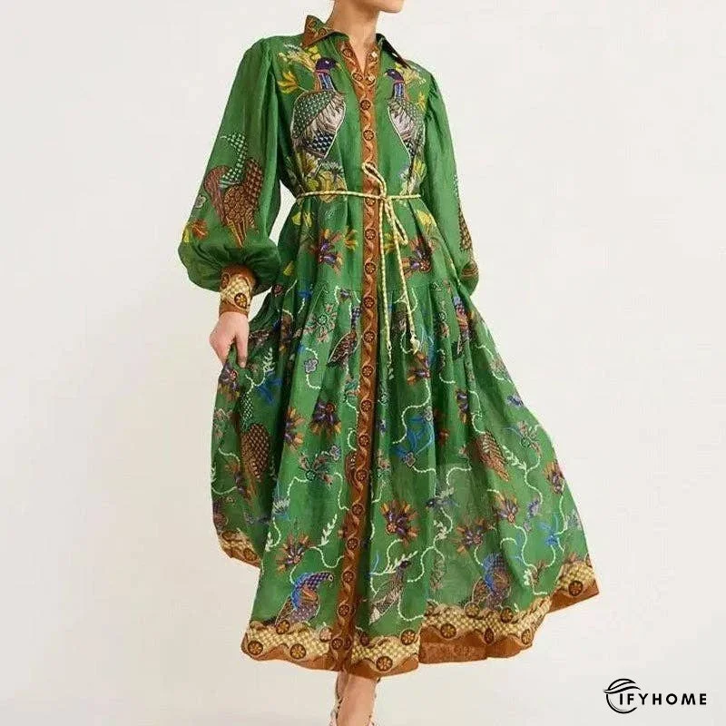 Lantern Sleeve Printed Cinched Waist Long Sleeve Dress | IFYHOME
