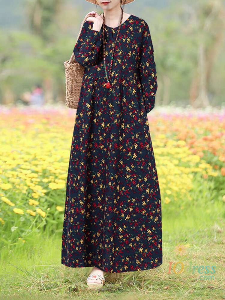 IO Dress Vintage Floral Dress Woman 2025 choice Autumn Bohemian Long Dresses Casual Long Sleeve Maxi Vestidos Loose Robe Femme Oversize