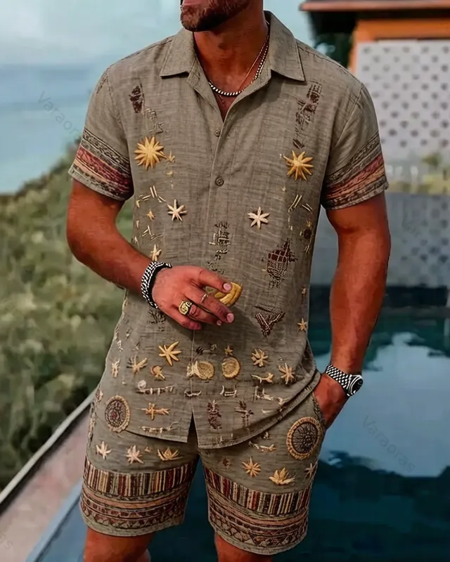 Men's Summer Outdoor Fashion Hippie Star and Moon Embroidered Top and Shorts Two-Piece Set 3136