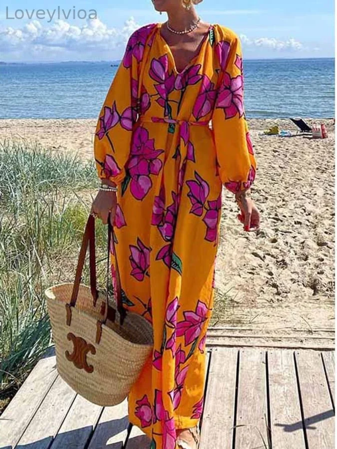 Women's Vacation Loose Floral Print V-Neck Long Sleeve Dress