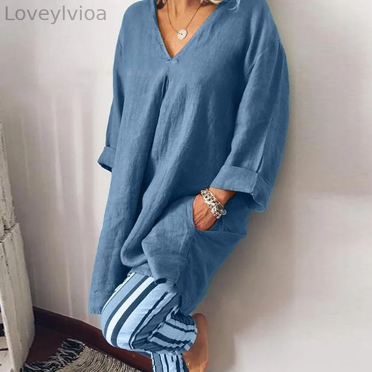 Casual Mid Length V Neck Shirt Striped Leggings Two Piece Set
