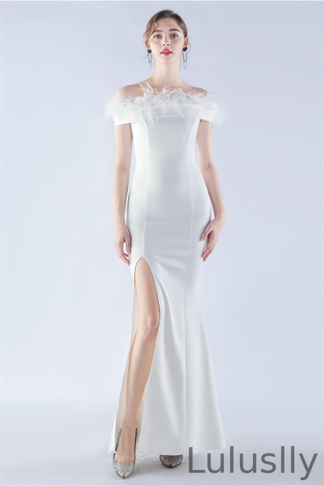 Luluslly Off-the-Shoulder Evening Dress Mermaid With Feather Split