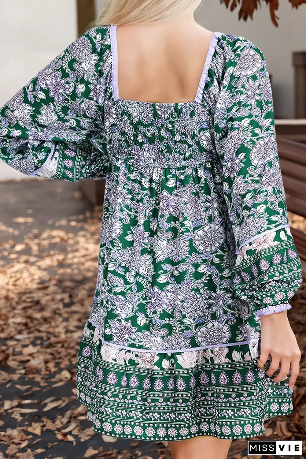 Floral Piping Trim Bubble Sleeve Square Neck Dress (S-XL)