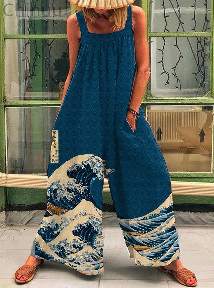 Japanese Art Retro Square Collar Loose Jumpsuits