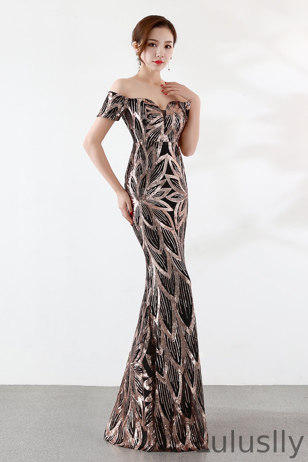Luluslly Off-the-Shoulder Sequins Evening Dress Long Mermaid Zipper Back