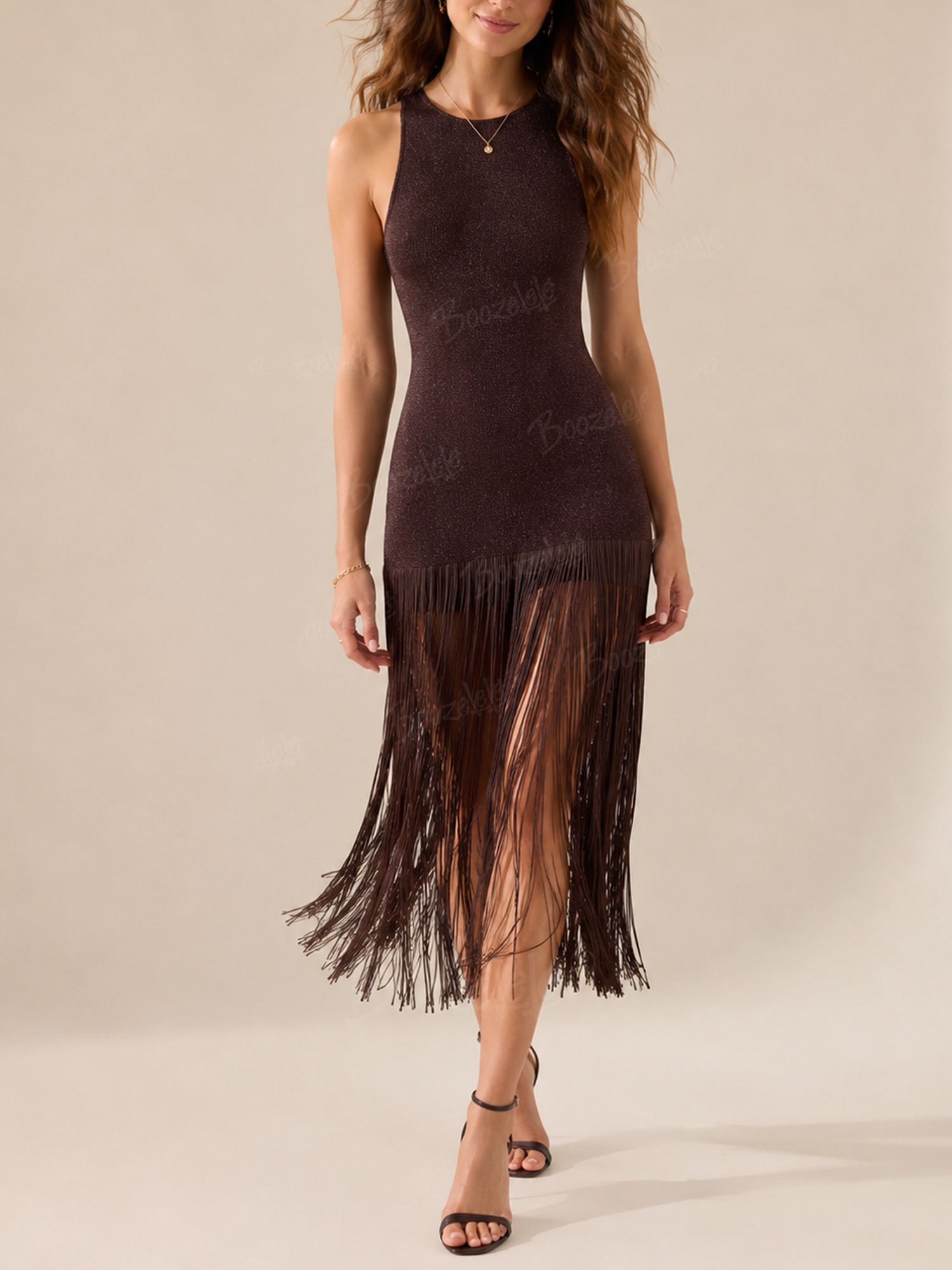 Perfect for a 2026 Spring/Summer Road Trip &mdash; Espresso Saddle Brown Heavy Swaying Fringe Slime-Fit Women's Elevated Boho Chic Midi Dress