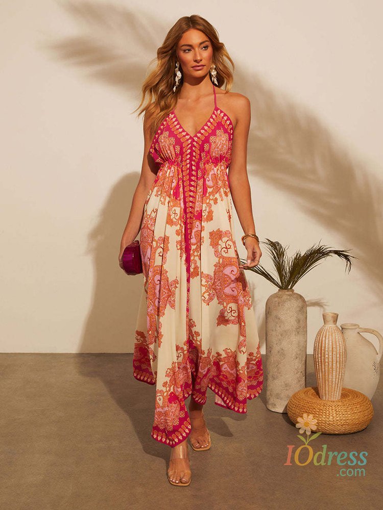 IO Dress Women's Summer V-neck Halter Bohemian Floral Long Dress,Women Clothing,Red Dress,Sexy Dress Women,Sundress,Beach Dresses IO Dress