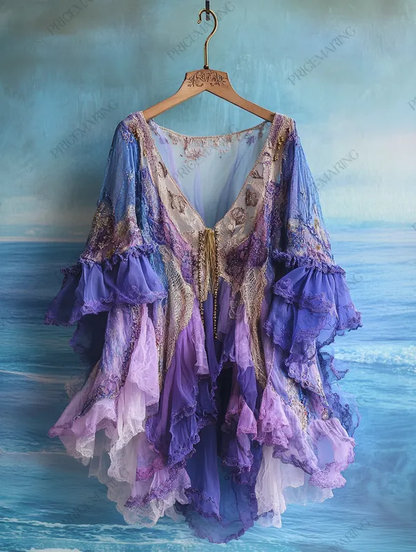 Summer Vacation Ruffle Lace Contrast Color Top e459