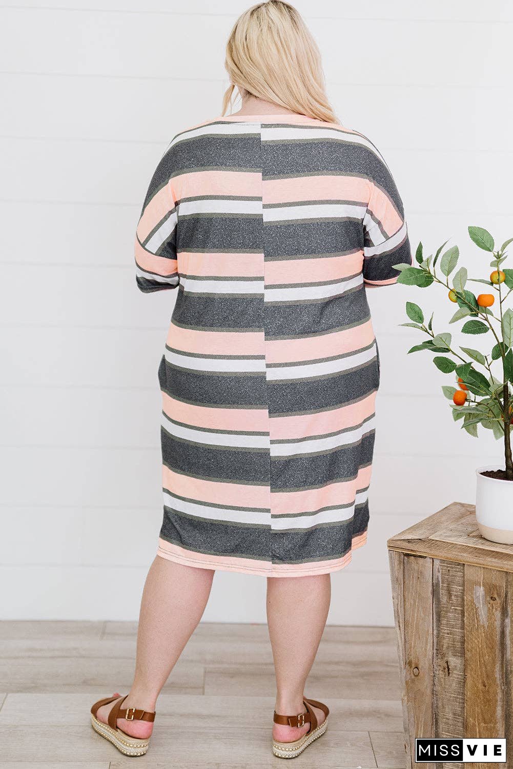 Plus Size Striped Side Slit V-Neck T-Shirt Dress