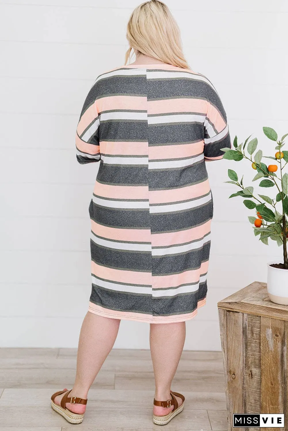 Plus Size Striped Side Slit V-Neck T-Shirt Dress