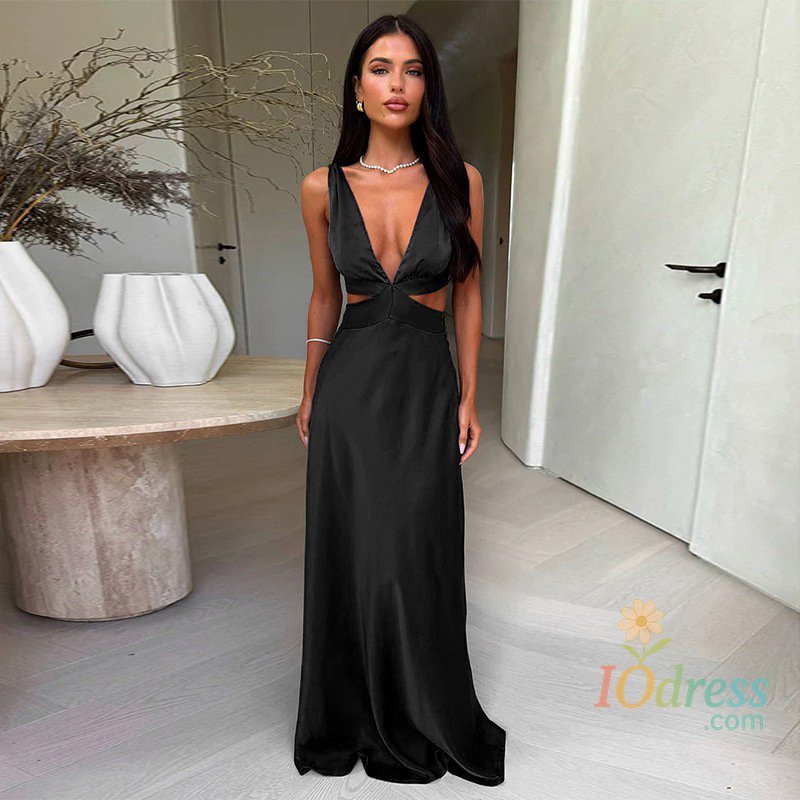 IO Dress Women's Sleeveless Deep V Neck Hollow out Long Dress High Waist Bodycon Slit Design Beach Vacation Solid Color Dress