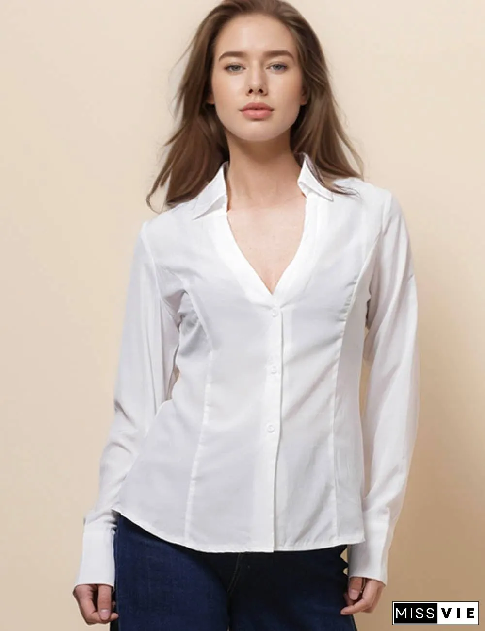 Ladies Long Sleeves Button Down White Shirt SKT51064