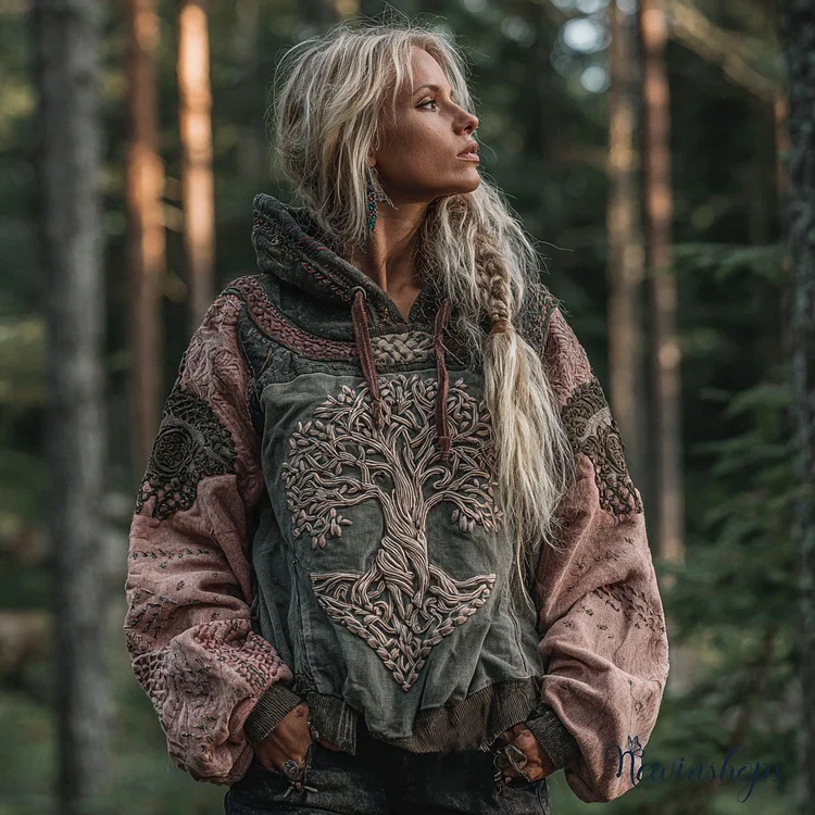 Women's Tribal Magic Tree Of Life Art Patchwork Comfort Hoodie