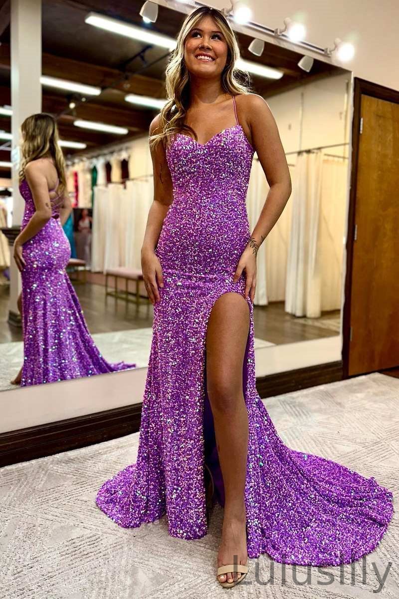 Glamorous Purple Spaghetti-Straps Sweetheart Sleeveless Mermaid Evening Gown Sequins With Split - lulusllly