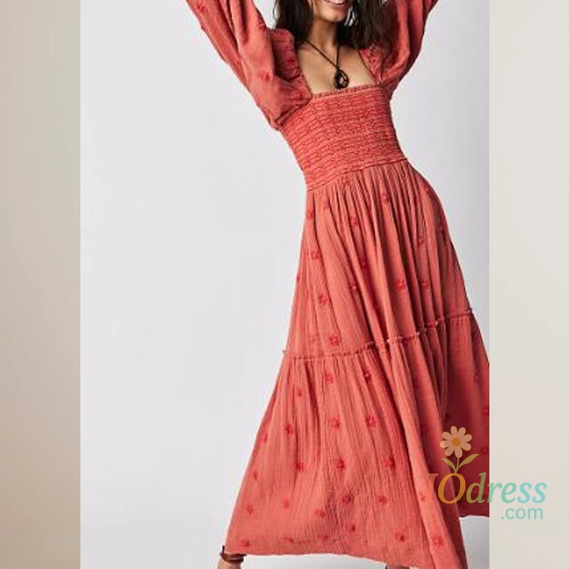 IO Dress Bohemian Floral Dress Women Square Neck Ruffle Swing A Line Maxi Dress Long Sleeve Beach Style Holiday Lady Club Party Dress IO Dress