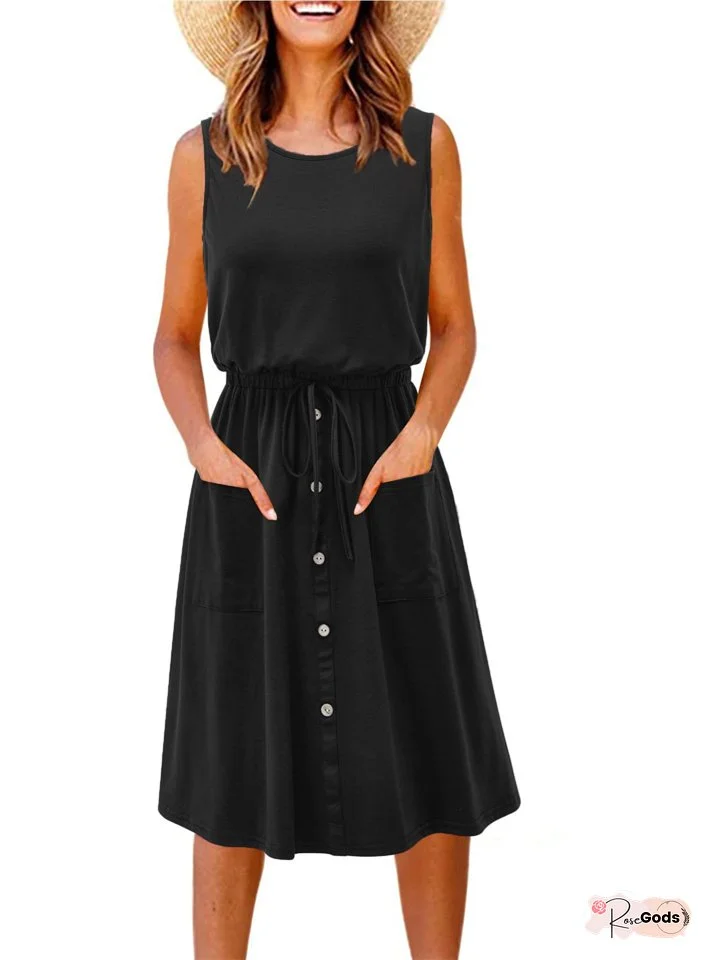 New Solid Color A-line Dress Spring and Summer Elastic Waist U-neck Set Head Sleeveless Tank Dress Loose Comfortable Dress